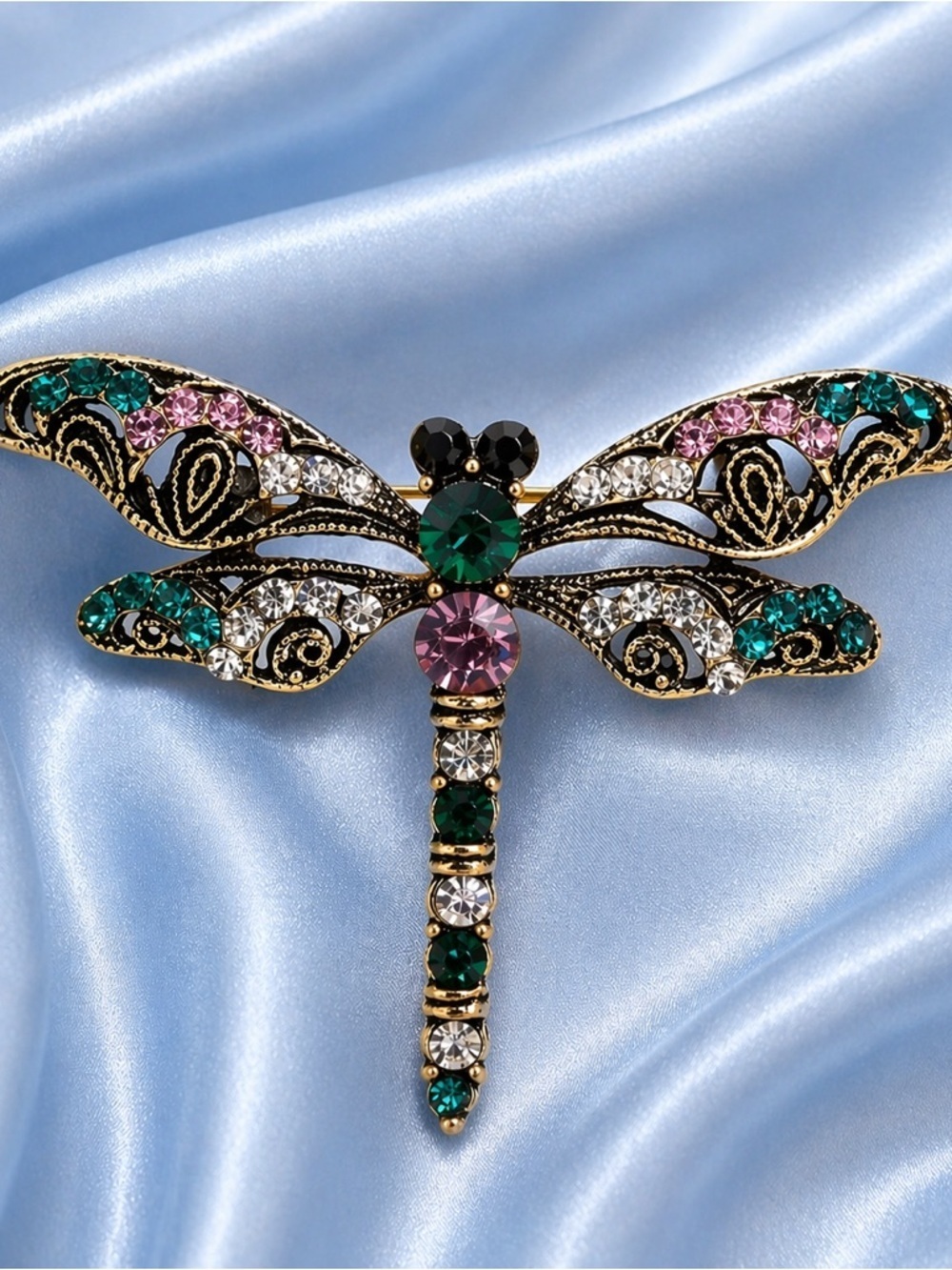 Vintage Dragonfly Green Crystal Brooch